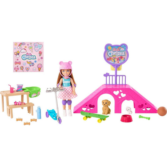 Barbie Chelsea Doll and Skatepark Toy Playset 2 Puppies Ramp and Accessories