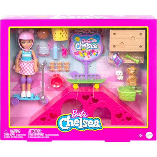 Barbie Chelsea Doll and Skatepark Toy Playset 2 Puppies Ramp and Accessories