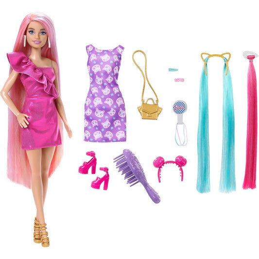 Barbie Doll Fun & Fancy Long Hair Pink Dress & 10 Play Accessories