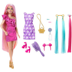 Barbie Doll Fun & Fancy Long Hair Pink Dress & 10 Play Accessories