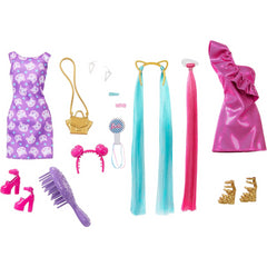 Barbie Doll Fun & Fancy Long Hair Pink Dress & 10 Play Accessories