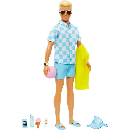 Barbie Blonde Ken Beach Doll with Blue Button Down and Swim Trunks Visor Towel