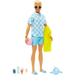 Barbie Blonde Ken Beach Doll with Blue Button Down and Swim Trunks Visor Towel