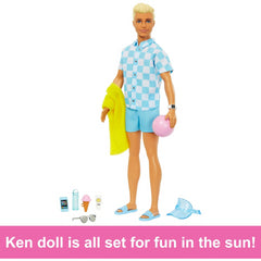 Barbie Blonde Ken Beach Doll with Blue Button Down and Swim Trunks Visor Towel