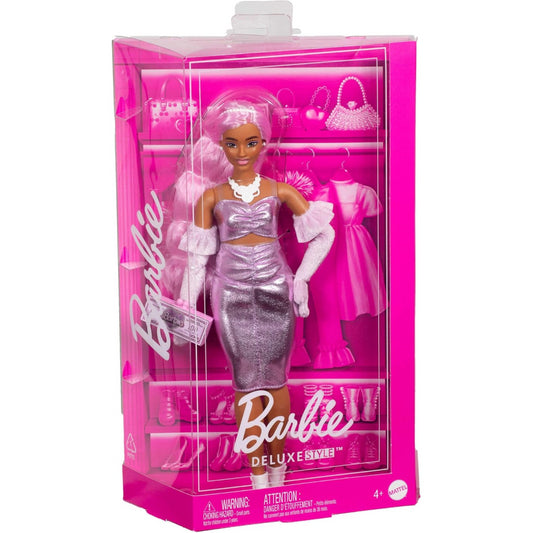 Barbie Deluxe Style Doll in Barbiecore Dress - Glossy Pink Outfit & Pink Hair