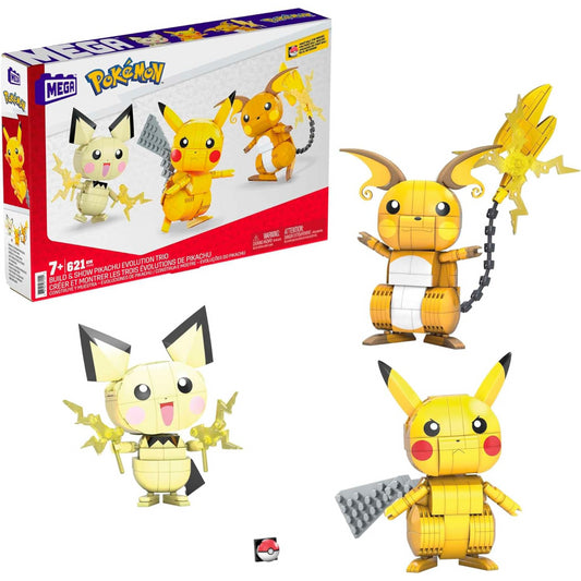 Mega Pokemon Figures Toy Building Set  4-Inch Pikachu Raichu and Pichu Trio