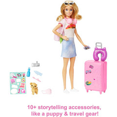 Barbie Doll and Accessories Malibu Travel Set with Puppy and 10+ Pieces