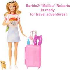 Barbie Doll and Accessories Malibu Travel Set with Puppy and 10+ Pieces