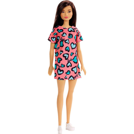 Barbie Doll Brunette Wearing Pink and Blue Heart Print Dress & Platform Sneakers