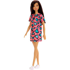 Barbie Doll Brunette Wearing Pink and Blue Heart Print Dress & Platform Sneakers