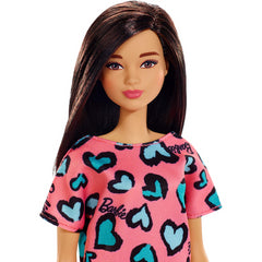 Barbie Doll Brunette Wearing Pink and Blue Heart Print Dress & Platform Sneakers