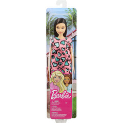 Barbie Doll Brunette Wearing Pink and Blue Heart Print Dress & Platform Sneakers