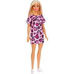 Barbie Doll Blonde Wearing Pink Heart Print Dress & Platform Sneakers