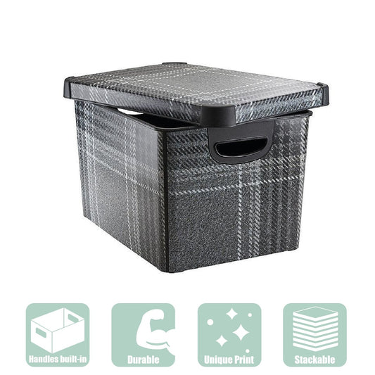 Curver 22L Storage Box with Lid Grey Tartan Effect 61800 - Maqio