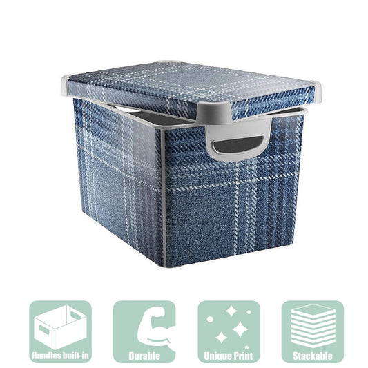 Curver 22L Storage Box with Lid Blue Tartan Effect 61805 - Maqio