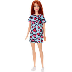 Barbie Doll with Pink Love Hearts Dress in Blue with Red Hair