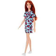 Barbie Doll with Pink Love Hearts Dress in Blue with Red Hair