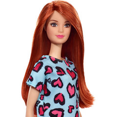 Barbie Doll with Pink Love Hearts Dress in Blue with Red Hair